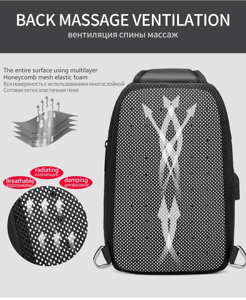 Men Chest Bag for 9.7" iPad USB Backpack Charging Short Trip Messenger Bags Water Repellent