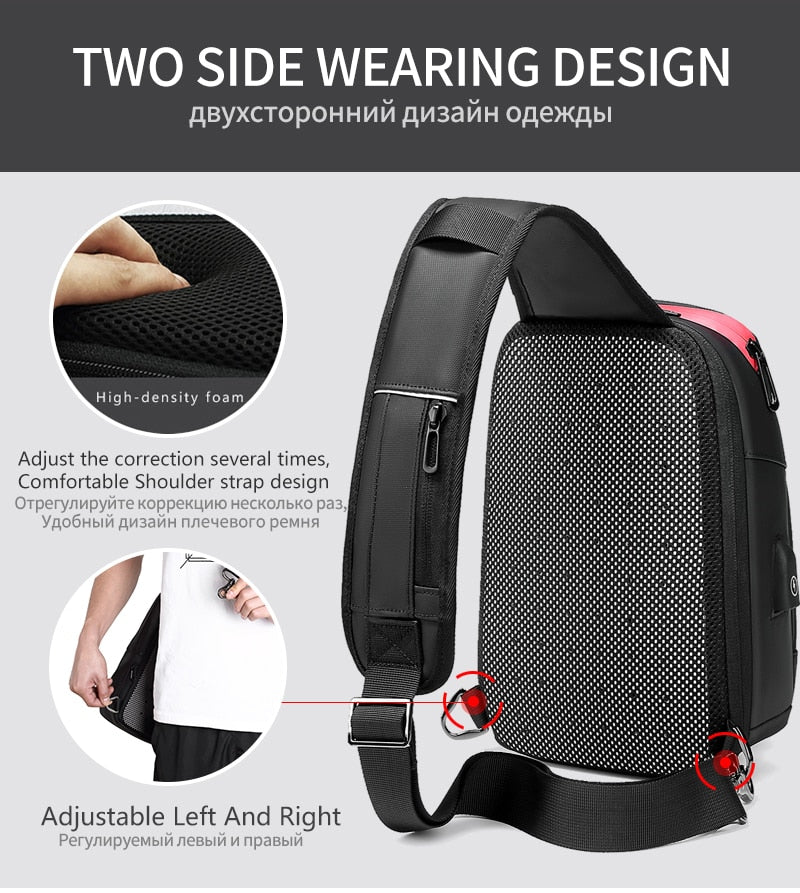 Men Chest Bag for 9.7" iPad USB Backpack Charging Short Trip Messenger Bags Water Repellent