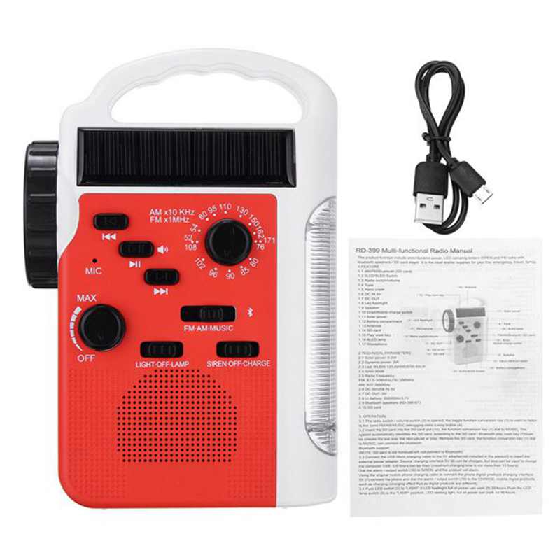 AM/FM Bluetooth Solar Hand Crank Dynamo Outdoor Radio With Speaker Emergency Receiver Mobile Power Supply Flashlight